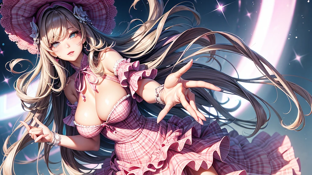 Beautiful woman, sparkling eyes, false eyelashes, pink lips, big and full breasts, two arms, Thumb and four fingers, anatomically correct fingers, detailed description, Plaid ruffle dress, Outing, Casual style, Outstanding style, ribbon