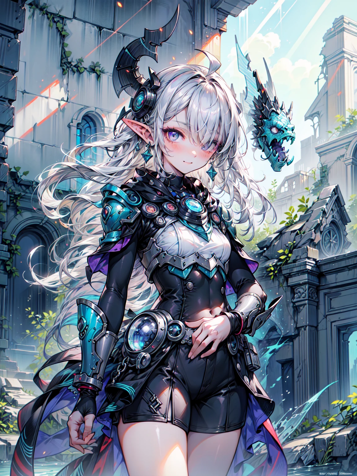 alone,Dark blue dragon,In the clear blue sea,There are lots of blue sparks in the background,[(The background color is cyan)::10],(Ruins Background:1.3),super evolution,More powerful,More sophisticated,(grown:1.3),8k,Hyper HD, retina, Anatomically correct, Rough skin, Very detailed, highest quality, High resolution、Cowboy Shot,(popular illustration wallpaper),((The mysterious ruins of Atlantis:1.2)),(Underwater game scene),Very detailedな粒子の詳細,((A ray of sunlight shines from the sky:1.3)+(//Suitable light source:1.6//)),((Forbidden spell written on the wall of the ruins:1.4)),masterpiece,The middle of a journey、Blake、Organic Armor Cyborg、Armor Textures、(Dark Elf), Perfect Face, 優しいsmile、Get used to it, Ahoge, ((Long Hair:1.2)), (Hair above one eye:1.3), [[Messy Hair]], Shiny blonde white hair, Purple eyes, Variegated eyes, Colorful Hair, Shining Eyes, (eyelash, eye shadow, ピンク eye shadow), bright, smile, design art by Mikimoto Haruhiko, by Kawashi, by Yoshitaka Amano, Dark brown skin