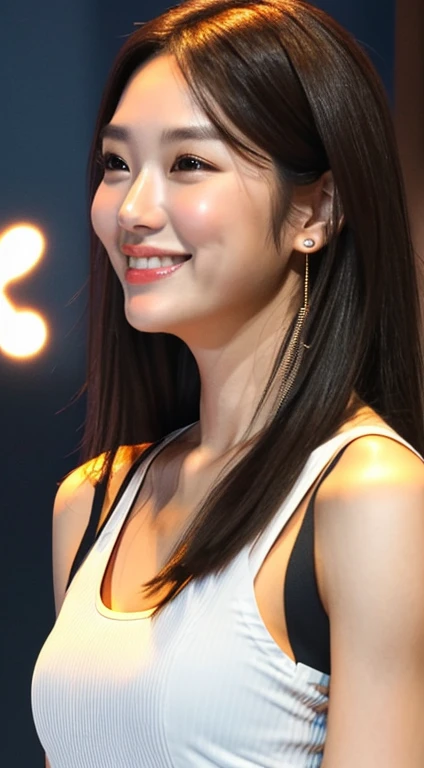 realistic photos of (1 cute Korean star) Shoulder-length hair, thin makeup, medium breasts size, slightly smile, orange tank top, in grill bar, close up, playing bass, clear facial features of Canon EOS, 16k, masterpiece, high resolution, sharp and realistic details.