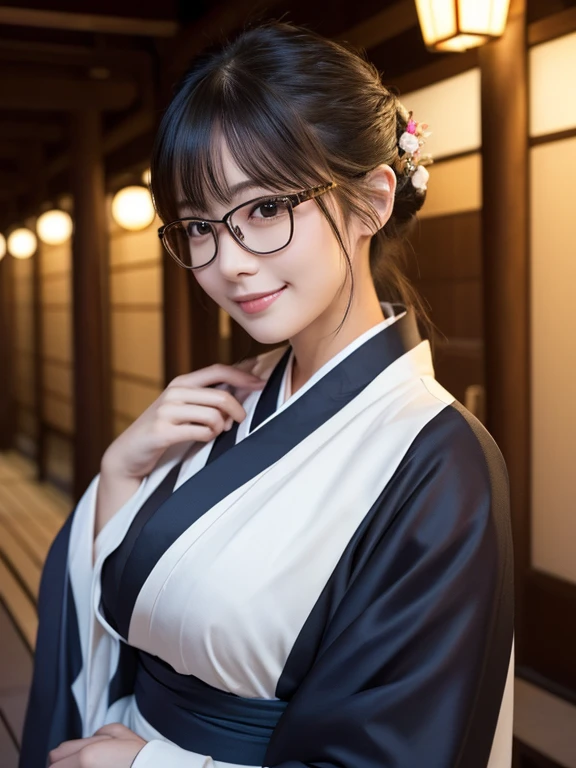 (Super beautiful woman in kimono)、((highest quality、8K masterpiece:1.3))、sharp focus:1.2、(super beautiful face:1.0)、(shiny skin:1.0)、realistic pictures、black hair、video lighting、High resolution eyes and face、video lighting、japanese actress、from the front、big breasts、with a happy smile、Slender abs beauty、whole body、wearing a kimono、in Kyoto、luxury obi、In Kyoto at night、wearing glasses with no edge
