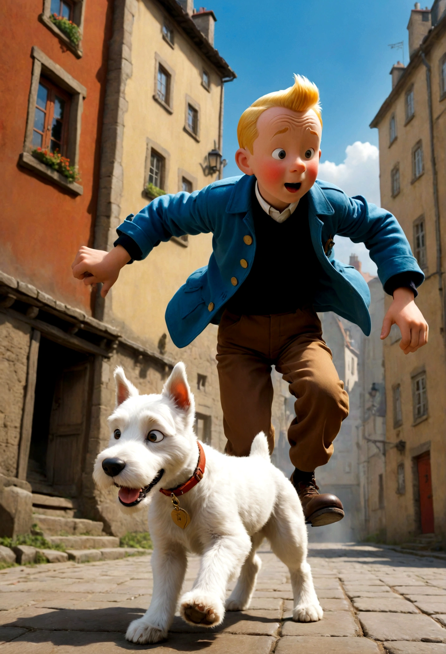 1boy, Tintin, "the adventures of tintin", in the style of herge, a small white dog, dynamic pose, dramatic composition, cinematic camera angle, european comics, 90s cartoon art style, cinematic dynamic action scene, vibrant colors, cinematic lighting, dramatic lighting, best quality, masterpiece, very aesthetic, perfect composition, intricate details, ultra-detailed