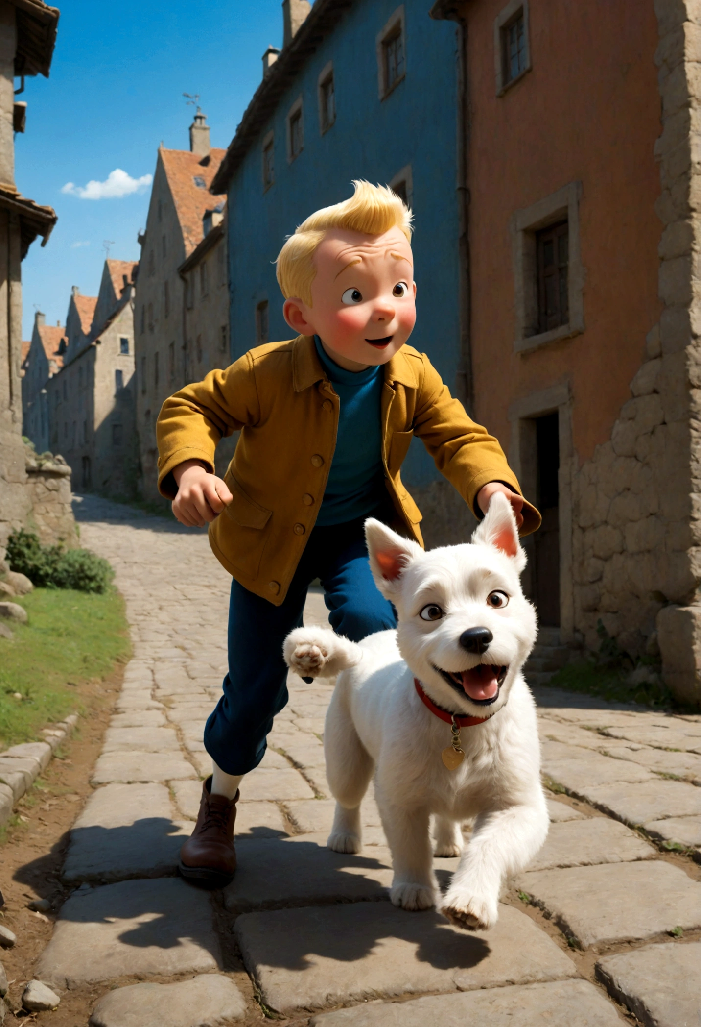 1boy, Tintin, "the adventures of tintin", in the style of herge, a small white dog, dynamic pose, dramatic composition, cinematic camera angle, european comics, 90s cartoon art style, cinematic dynamic action scene, vibrant colors, cinematic lighting, dramatic lighting, best quality, masterpiece, very aesthetic, perfect composition, intricate details, ultra-detailed