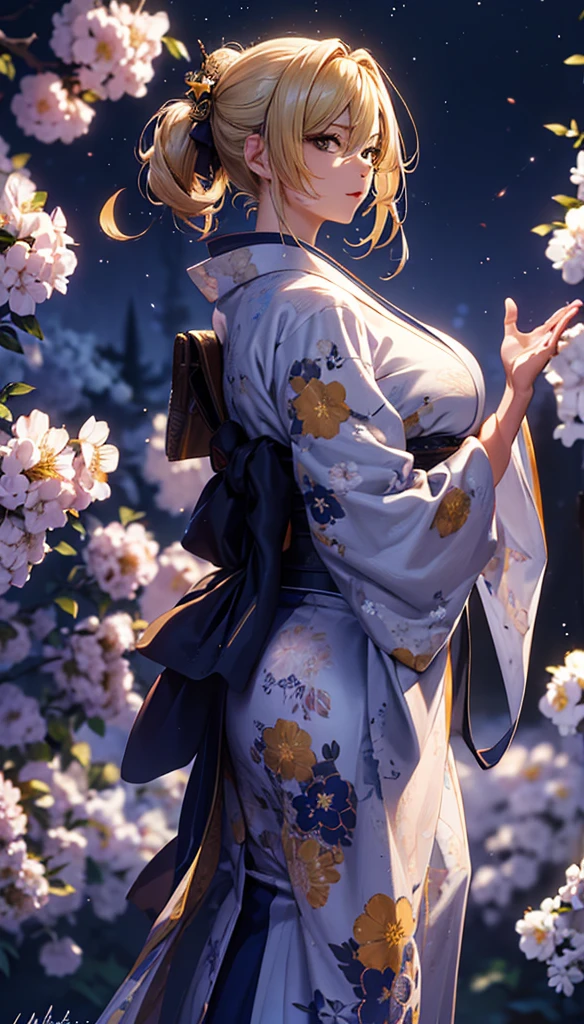 masterpiece, high quality, 4K, Beautiful design, silhouette,blonde, 非常に詳細な夜のStarry Sky,Flower Field, wonderful, Finer details, Very knowledgeable woman, Highly detailed solo, 1 female,Big Breasts,Big Ass,Underwear Line,Yukata in white color,Night view,Starry Sky,full moon,