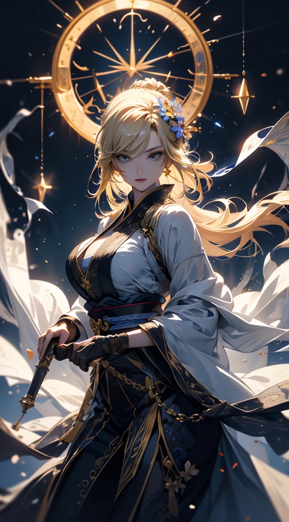 masterpiece, high quality, 4K, Beautiful design, silhouette，blonde， 非常に詳細な夜のStarry Sky,Flower Field， wonderful, Finer details,  Very knowledgeable woman, Highly detailed solo, 1 female,Big boobs and aggressive，Wizard，Night view，Starry Sky，full moon，