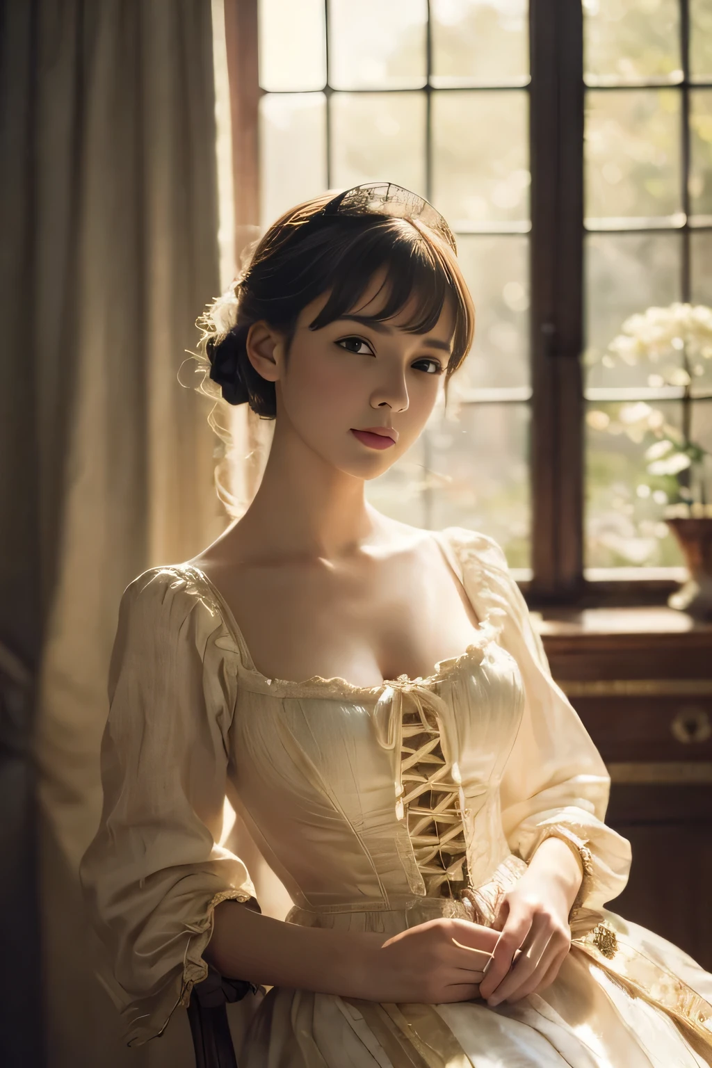 ((Tabletop:1.4, highest quality)), (Realistic photos:1.4),
((1 girl)), (Otherworldly beauty), (dream-like),
(超High resolution:1.2), Very delicate and beautiful, wonderful, Very detailed CG Unity 8k wallpaper, Very detailed, High resolution,
Soft Light, Beautiful detailed girl, Very detailedな目と顔, Beautiful and detailed nose, Beautiful and detailed,
(Dressed in late 19th century French costume:1.3),
Cinema Lighting, Perfect Anatomy, Slender body, (Parted bangs),
(Impressionist portrait of a beautiful girl), (Relaxing in the room:1.3), (window), (curtain), (Impressionist light and colour),
Cowboy Shot