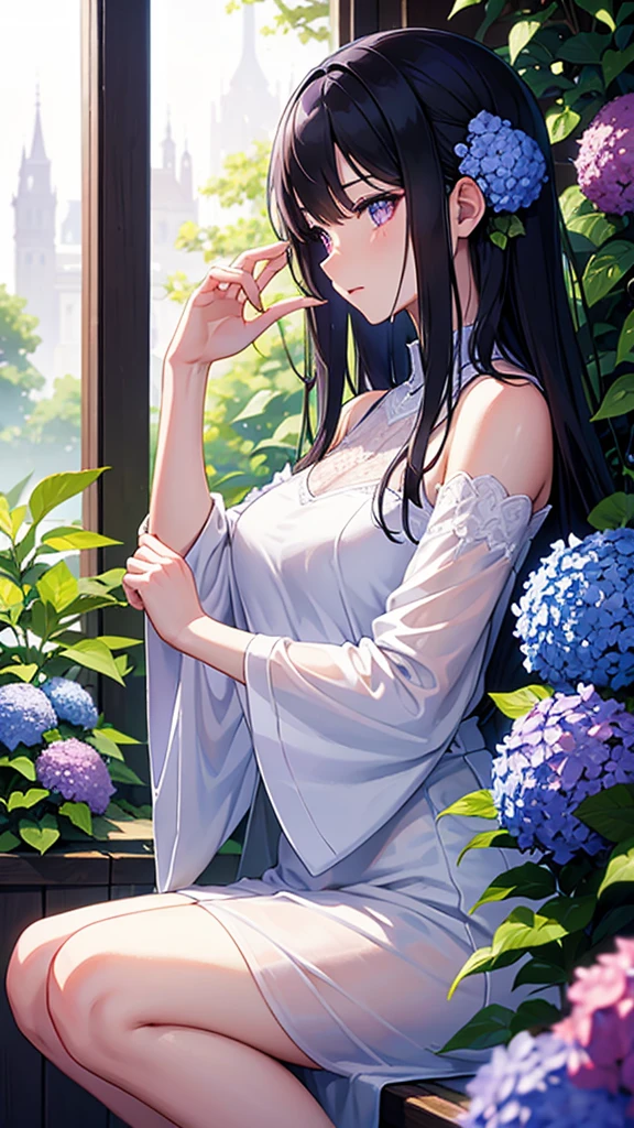 morning,hydrangea,rain,Beauty,Wet,Black Hair,Purple Eyes,hydrangeaの髪飾り,profile,