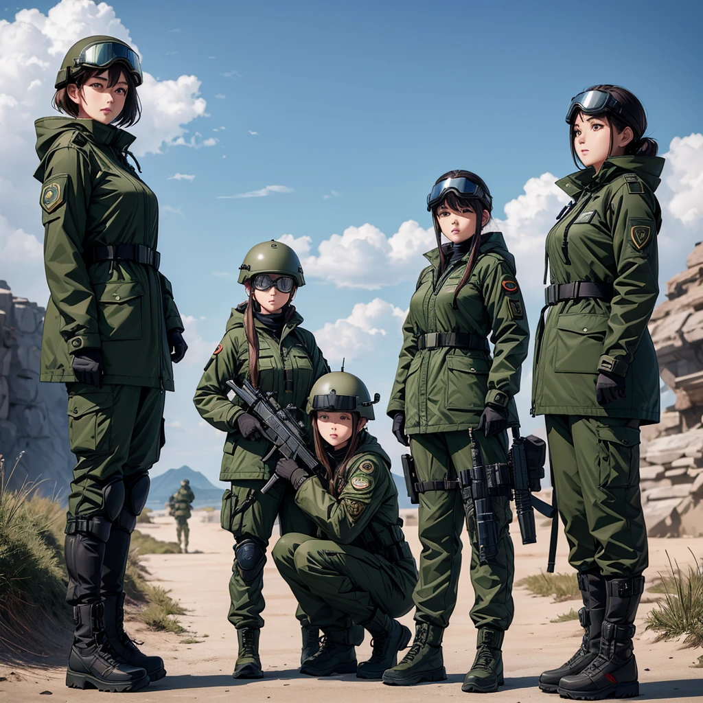 Three female special forces soldiers standing guard、Dark green parka coat、Put on a helmet、Wear goggles、Military Pants、whole body、Write details、masterpiece、best quality、Highly detailed CG、8K picture quality