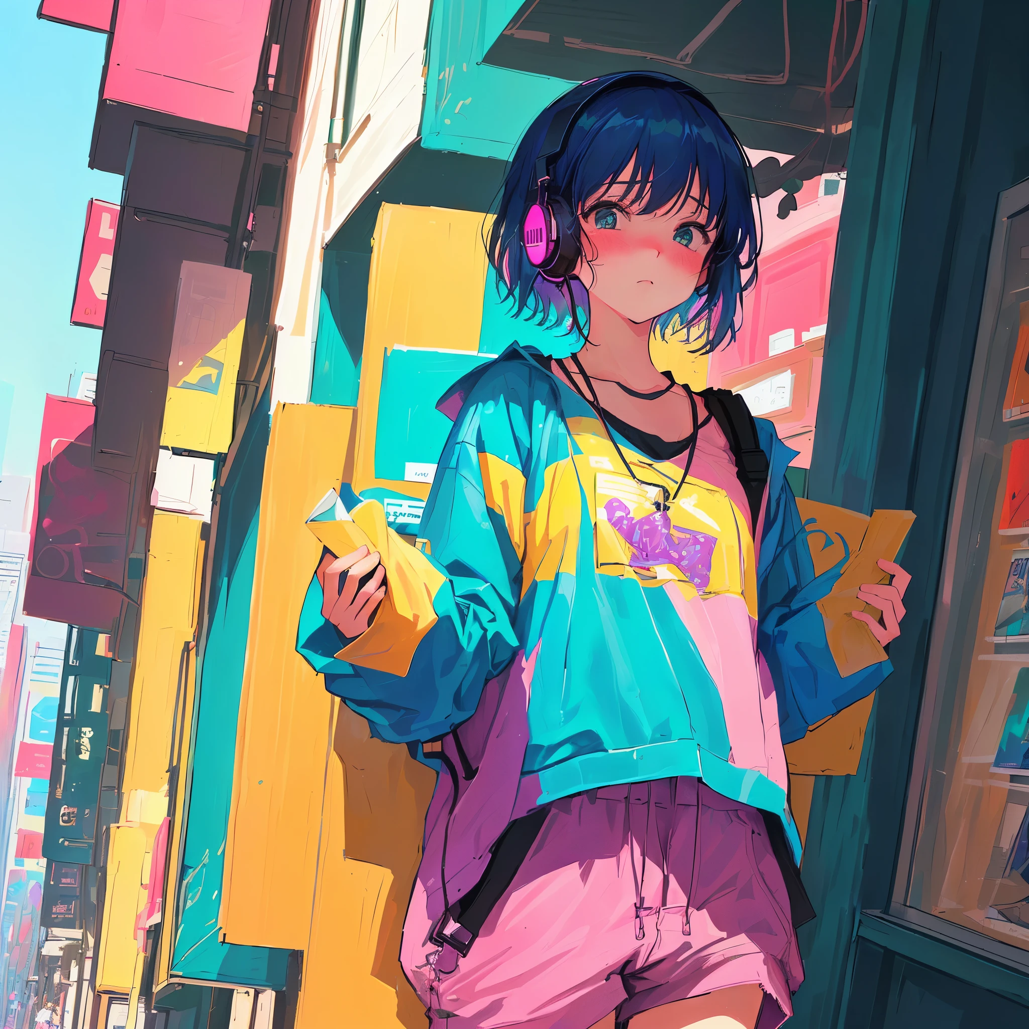 Blushing、Embarrassed、Embarrassed look、There's a Girl Wearing Headphones, Lo-Fi Girl, Shibuya Crossing, Portrait of Lo-Fi Walking, Laurie Greasley Style, Lo-Fi Art, Lo-Fi Art Style, Inspired by Joe San Gonzalez, Short wearing pants, wearing sneakers, lo-fi illustration style, lo-fi color, lo-fi feeling, Josan Gonzalez、One beautiful woman、 Lo-fi Girl, at the library, Portrait of Rofi, Laurie Griesley's style, Lofi Art, Lofi Artstyle, inspired Josan Gonzalez, girl in a record store, Lo-fi illustration style, Lofi Color, Lo-fi feeling, Josan Gonzalez