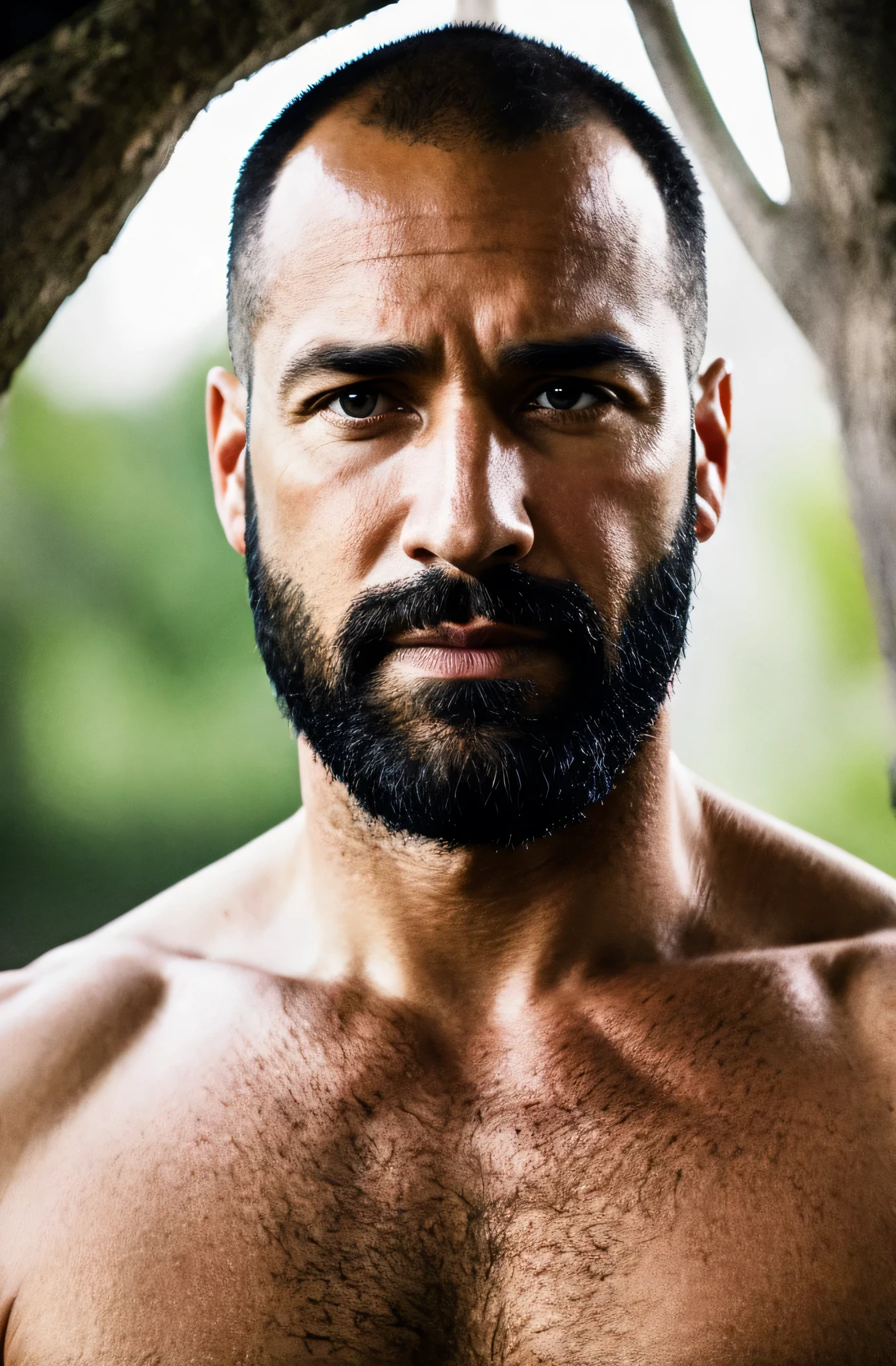 (best quality,ultra-detailed,realistic:1.37),portrait,hiperrealism,hiperdetailed,soft light,natural colors,40 years old man,muscled,handsome,bald,black beard,intense gaze,only head and shoulders,first person perspective,looking directly at the camera