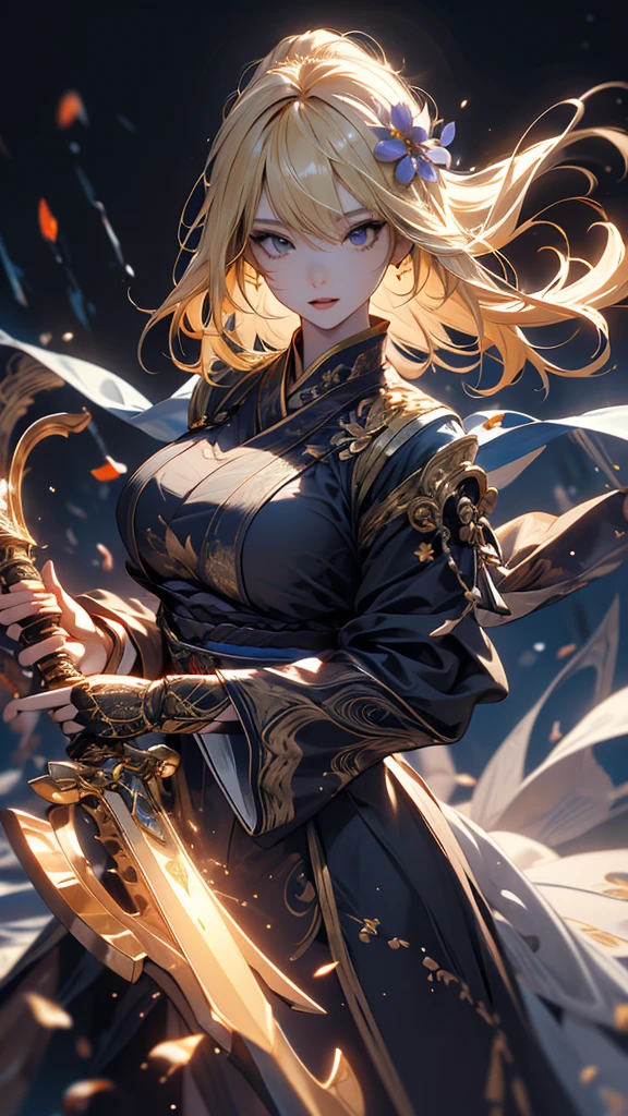 masterpiece, high quality, 4K, Beautiful design, silhouette,blonde, 非常に詳細な夜のStarry Sky,Flower Field, wonderful, Finer details, Very knowledgeable woman, Highly detailed solo, 1 female,Big boobs and aggressive,Wizard,Night view,Starry Sky,full moon,