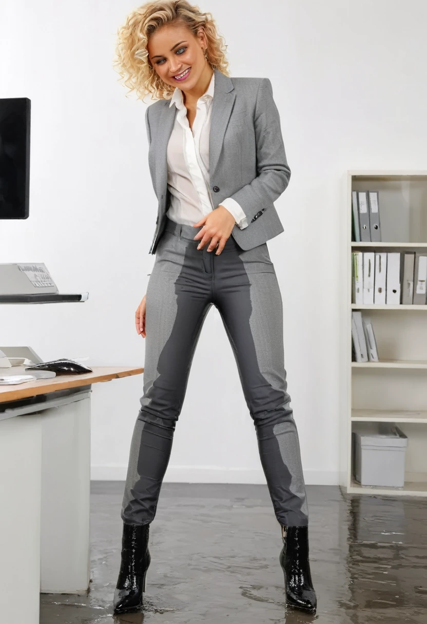 (((side view))), attractive blonde woman wearing dark gray business suit jacket with pants, high heel boots, white blouse, curly hair, standing in an office, wetting, big smile, pee stains are gleaming wet, pants really soaked with pee, (((side view)))