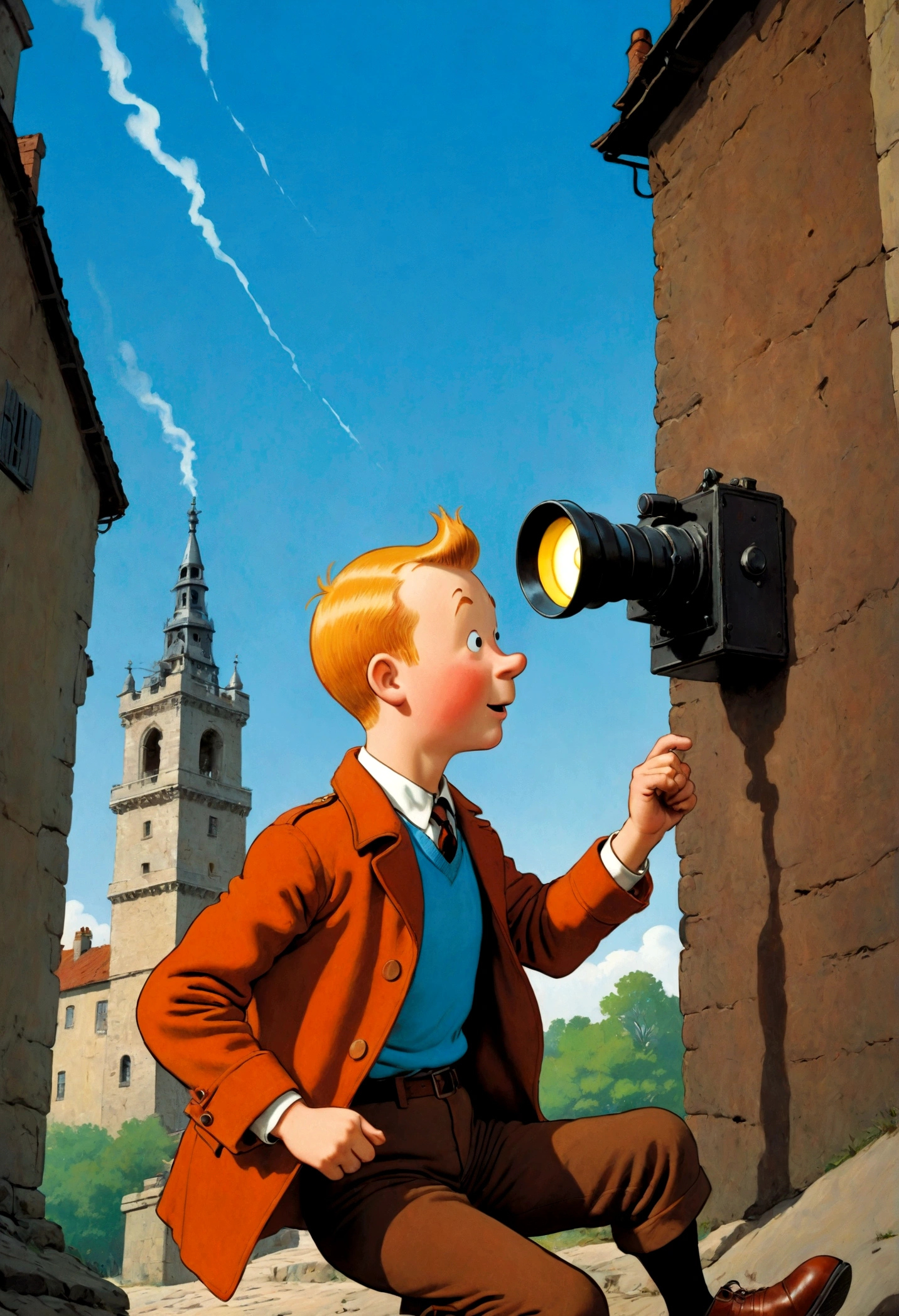 1boy, Tintin, "the adventures of tintin", in the style of herge, Detective Hat, magazine cover, dynamic pose, dramatic composition, cinematic camera angle, european comics, 90s cartoon art style, cinematic dynamic action scene, vibrant colors, cinematic lighting, dramatic lighting, best quality, masterpiece, very aesthetic, perfect composition, intricate details, ultra-detailed