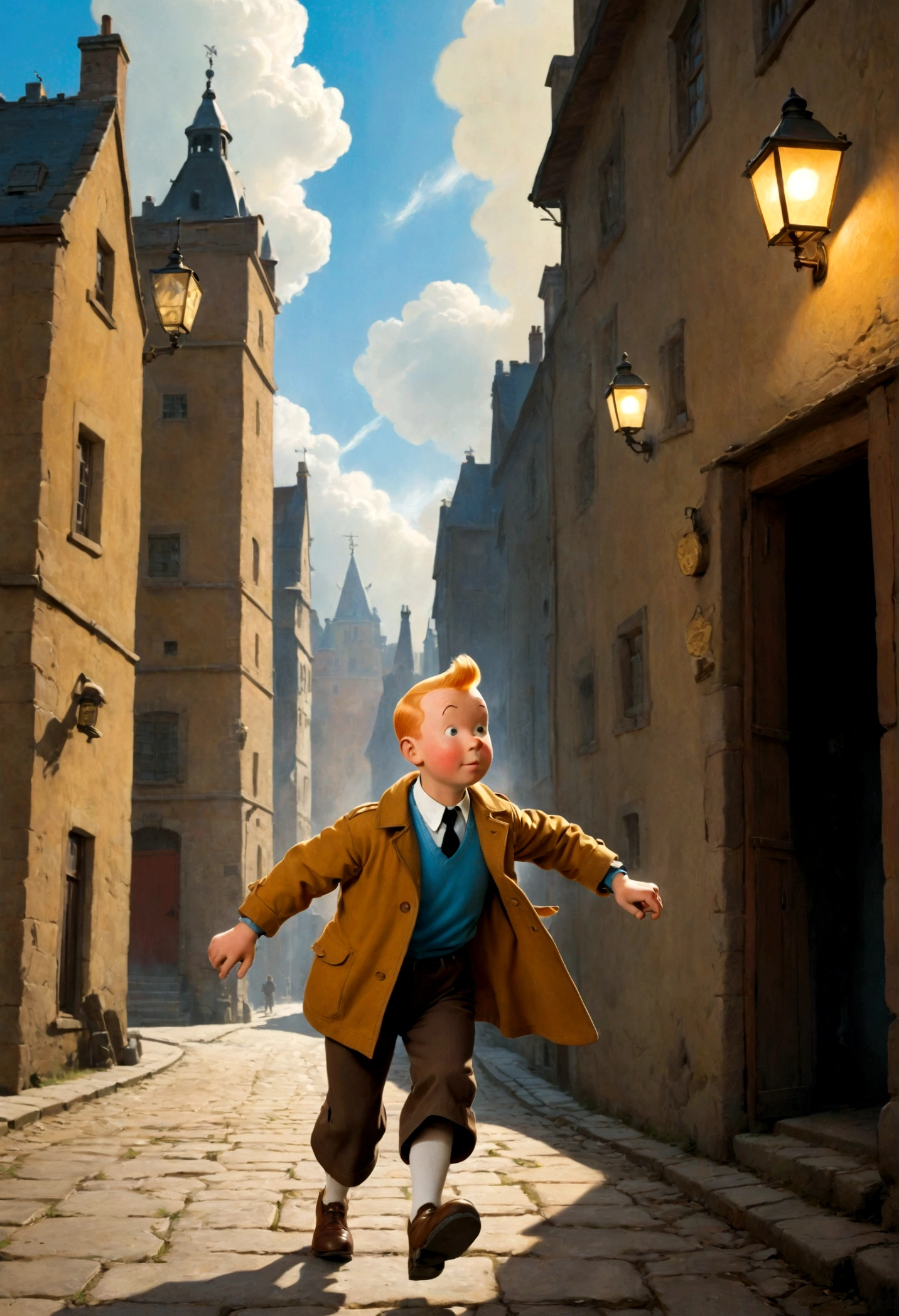 1boy, Tintin, "the adventures of tintin", in the style of herge, Detective Hat, magazine cover, dynamic pose, dramatic composition, cinematic camera angle, european comics, 90s cartoon art style, cinematic dynamic action scene, vibrant colors, cinematic lighting, dramatic lighting, best quality, masterpiece, very aesthetic, perfect composition, intricate details, ultra-detailed