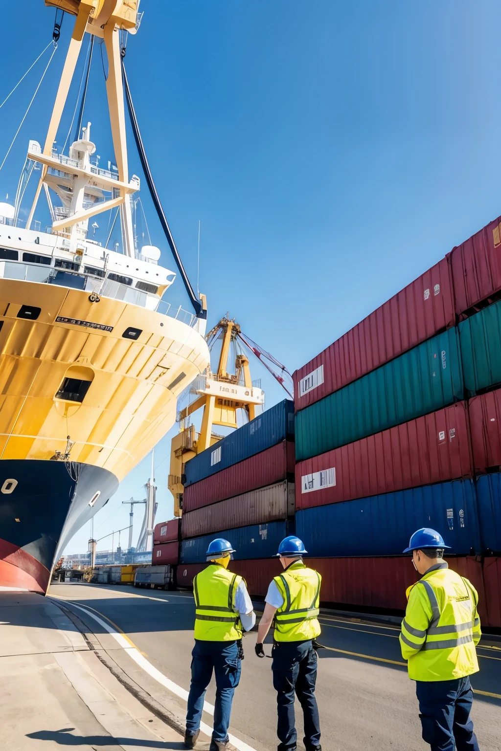   men wearing yellow safety vests with blue stripes, trabalhando descarregando diversas cargas, steel coils next to a ship unloading cargo in a port , iso 50 ultrarealista 12k, masterpiece, canon 17-40 f8, 


