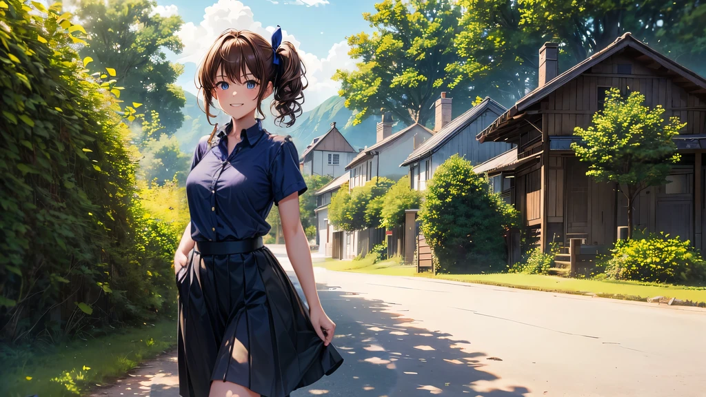 1girl, solo, full body, summer, village, trees, sun, clouds, chestnut hair, curly hair, side ponytail, large breasts, button down, dark blue eyes, ((dark blue shirt)), ((unbuttoned shirt)), ((short sleeved shirt)), black skirt, brown shoes, grin, looking at the viewer, standing, hair ribbon, golden necklate