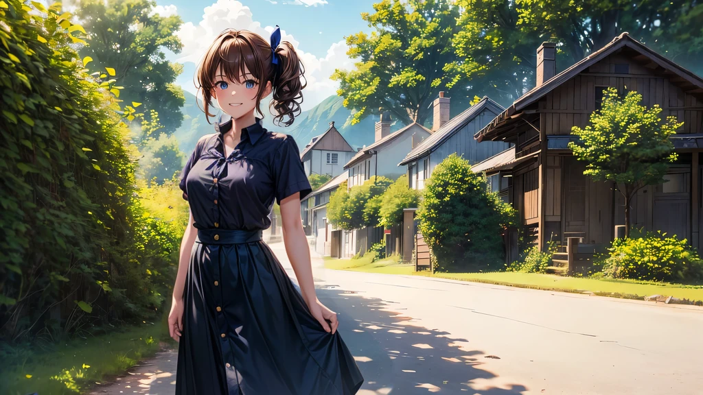 1girl, solo, full body, summer, village, trees, sun, clouds, chestnut hair, curly hair, side ponytail, large breasts, button down, dark blue eyes, ((dark blue shirt)), ((unbuttoned shirt)), ((short sleeved shirt)), black skirt, brown shoes, grin, looking at the viewer, standing, hair ribbon, golden necklate