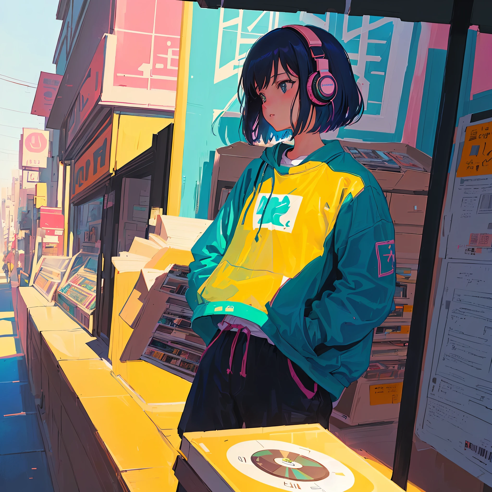 There's a Girl Wearing Headphones, Lo-Fi Girl, Shibuya Crossing, Portrait of Lo-Fi Walking, Laurie Greasley Style, Lo-Fi Art, Lo-Fi Art Style, Inspired by Joe San Gonzalez, Short wearing pants, wearing sneakers, lo-fi illustration style, lo-fi color, lo-fi feeling, Josan Gonzalez、One beautiful woman、 Lo-fi Girl, at the library, Portrait of Rofi, Laurie Griesley's style, Lofi Art, Lofi Artstyle, inspired Josan Gonzalez, girl in a record store, Lo-fi illustration style, Lofi Color, Lo-fi feeling, Josan Gonzalez