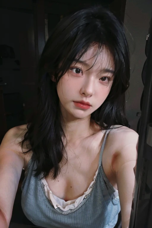 8K,best qualtiy,tmasterpiece,Ultra-high resolution,(Reality:1.4),RAW photogr,(True skin texture:1.3),(filmgrain:1.3),(Selfie angle),1个Giant Breast Girl,Beautiful eye and face details,tmasterpiece,Best quality at best,closeup cleavage,The upper part of the body,Bring hands,covering mouth,Sad