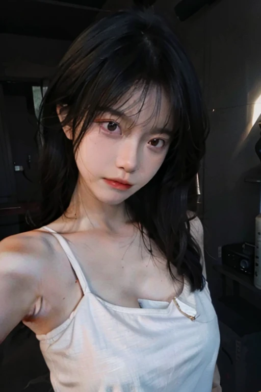 8K,best qualtiy,tmasterpiece,Ultra-high resolution,(Reality:1.4),RAW photogr,(True skin texture:1.3),(filmgrain:1.3),(Selfie angle),1个Giant Breast Girl,Beautiful eye and face details,tmasterpiece,Best quality at best,closeup cleavage,The upper part of the body,Bring hands,covering mouth,Sad