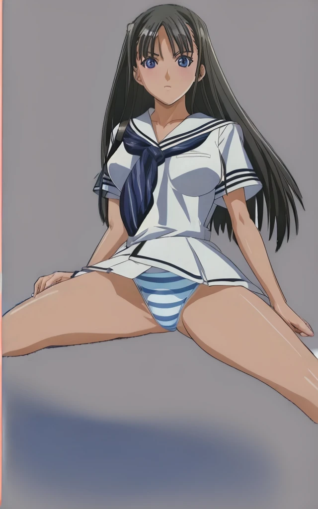 Mizushima Asa, a girl with big breasts and beautiful legs, sits in a miniskirt uniform with her light blue and blue striped panties visible, with her legs spread wide.。