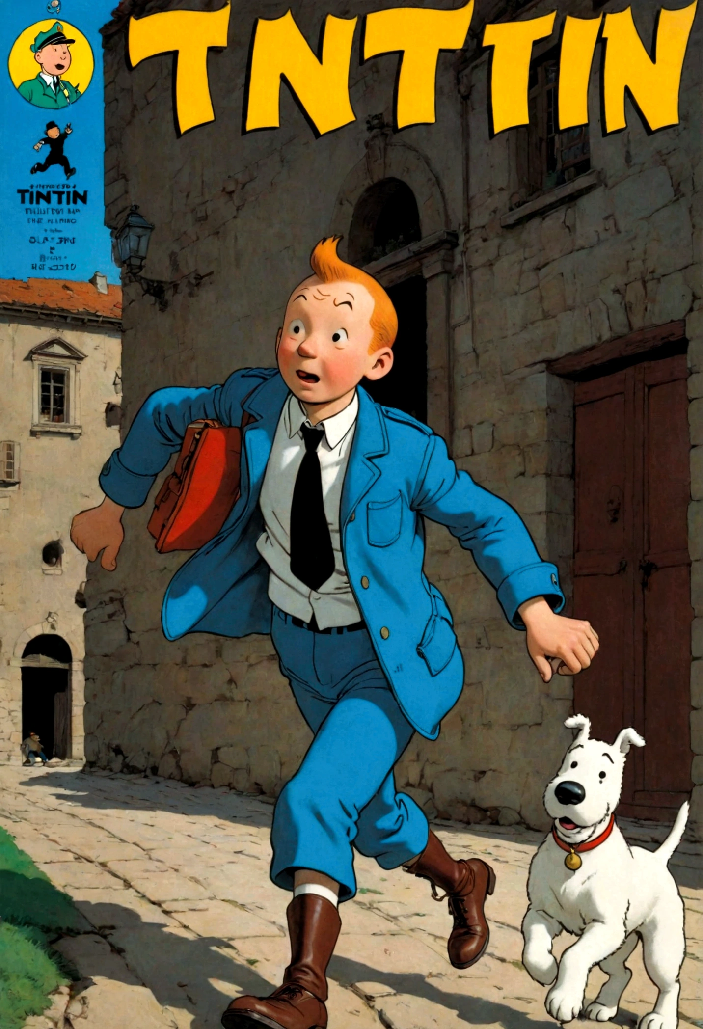 1boy, Tintin, "the adventures of tintin", in the style of herge, Detective Hat, run, magazine cover, magazine title, dynamic pose, dramatic composition, cinematic camera angle, european comics, 90s cartoon art style, cinematic dynamic action scene, vibrant colors, cinematic lighting, dramatic lighting, best quality, masterpiece, very aesthetic, perfect composition, intricate details, ultra-detailed