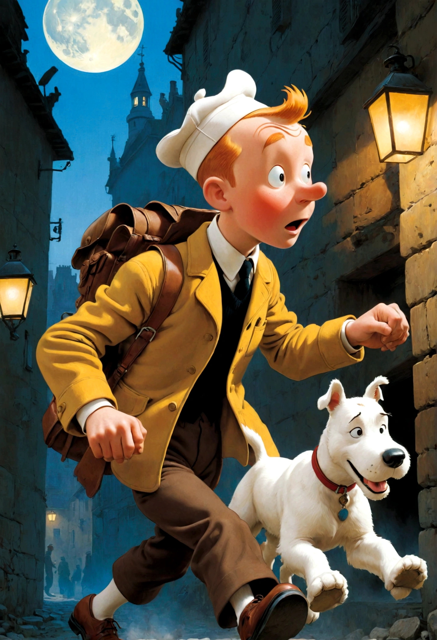 1boy, Tintin, "the adventures of tintin", in the style of herge, Detective Hat, run, magazine cover, magazine title, dynamic pose, dramatic composition, cinematic camera angle, european comics, 90s cartoon art style, cinematic dynamic action scene, vibrant colors, cinematic lighting, dramatic lighting, best quality, masterpiece, very aesthetic, perfect composition, intricate details, ultra-detailed