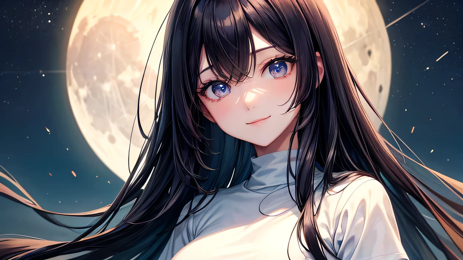 Beautiful woman 1.3, Beautiful straight long black hair: 1.2, , Night Road: 1.2,moon light: 1.1, Ultra-high resolution, Accurate, Super detailed, Textured skin, High detail, highest quality, 8k,Thin bangs,Upper Body,Well-drawn eyes, Focus on the face,Oversized T-shirt,Detailed hair depiction,Detailed depiction of eyes、Detailed depiction of hair、moon、Upper Body、smile