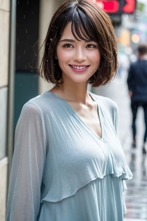 ((Best Quality, 8K, Masterpiece:1.3)), Focus: 1.2, Perfect Body Beauty: 1.4, Buttocks: 1.2, ((Layered Haircut, Breasts: 1.2)), (Wet Clothes: 1.1), (Rain, Street:1.3), Bandeau Dress: 1.1, Highly Detailed Face and Skin Texture, Fine Eyes, Double Eyelids, Whitening Skin, Long Hair, (Shut Up: 1.3), Smile