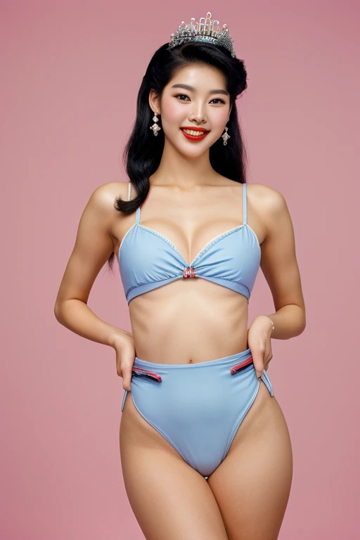 Seoul, 1982, A young korean beautiful girl, 22-year-old, sexy girl, strikingly beautiful, black hair, big breasts, delicate facial features, porcelain skin, red lips, expressive eyes, ((awe and joy expression)), a prizewinner in a beauty contest, miss korea, (Miss Korea light-blue one-piece Swimsuit), winner crown, the sash, ((hairstyle of the 1980s)),((pin up style)), pastel background, cowboy shot, from front, looking at the viewer,