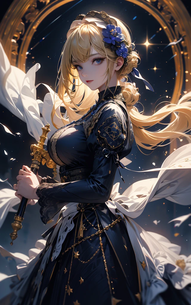 masterpiece, high quality, 4K, Beautiful design, silhouette,blonde, 非常に詳細な夜のStarry Sky,Flower Field, wonderful, Finer details, Very knowledgeable woman, Highly detailed solo, 1 female,Big Breasts,Gothic ta Fashion,Night view,Starry Sky,milky way,