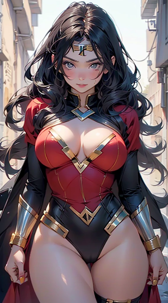 Wonderwoman,(((1girl))),((cute and beautiful wavy black haired girl)),((((greek race)))), red and gold wonderwoman costume 

(Large breasts:1.4),saggy breasts,

Close uolp 3/4 image