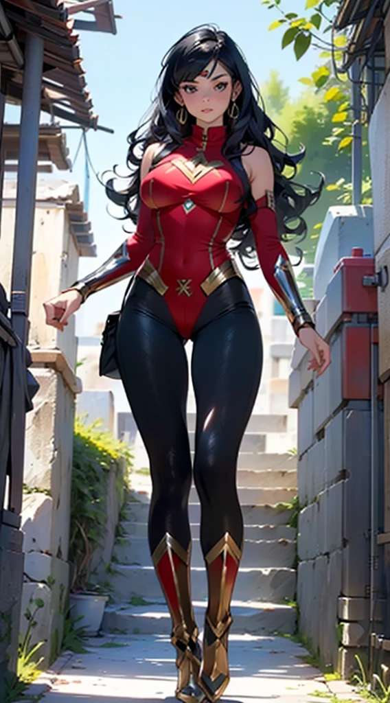 Wonderwoman,(((1girl))),((cute and beautiful wavy black haired girl)),((((greek race)))), red and gold wonderwoman costume 

(Large breasts:1.4),saggy breasts,

Close uolp 3/4 image