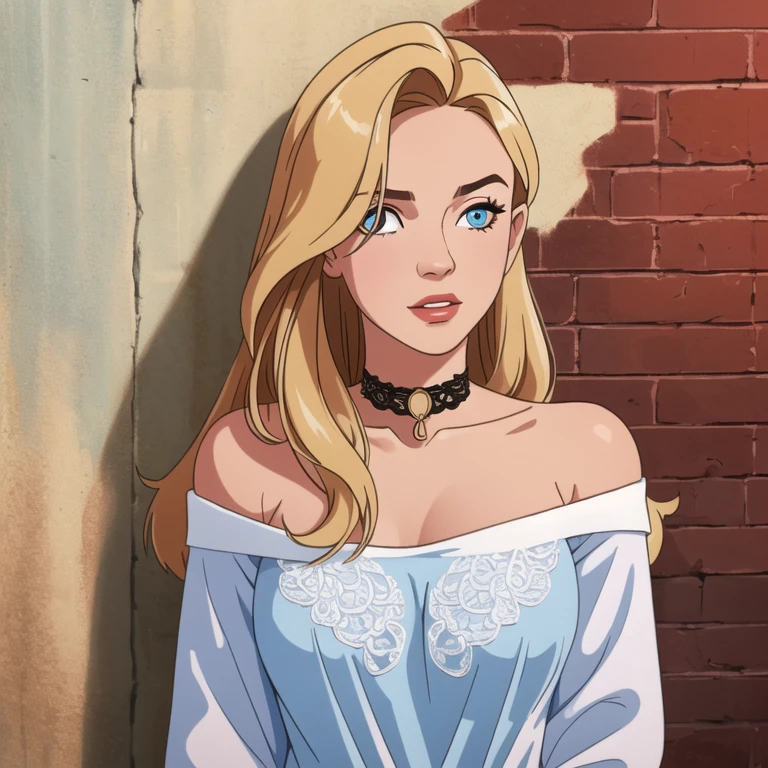 ultra realistic 8k cg, masterpiece, ((ultra detailed background, delicate pattern, intricate detail)), best quality, intricate details, chromatic aberration, 1girl, long hair, golden hair, messy hair, red highlights, hair over one eye, sharp eyes, choker, brick wall, graffiti, dim lighting, alley, oversized shirt,off shoulder, see through white shirt, Masterpiece, best quality