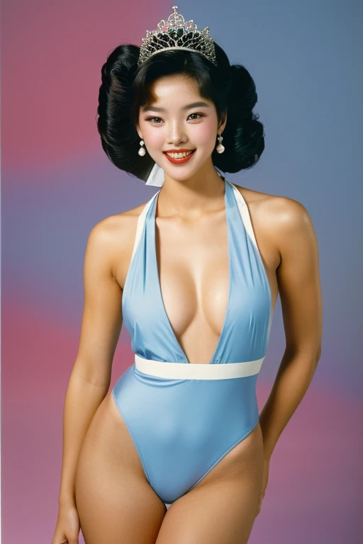 Seoul, 1982, A young korean beautiful girl, 22-year-old, sexy girl, strikingly beautiful, black hair, big breasts, delicate facial features, porcelain skin, red lips, expressive eyes, ((awe and joy expression)), a prizewinner in a beauty contest, miss korea, (Miss Korea light-blue one-piece Swimsuit), winner crown, the sash, ((hairstyle of the 1980s)),(updo hair:1.3), pastel background, cowboy shot,