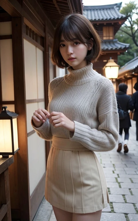 (Raw photography:1.2)、(Photorealsitic:1.4)、(masterpiece:1.3)、(top-quality:1.4)、超A high resolution、(A detailed eye)、(detailed facial features)、(detailed clothes features)、8K resolution、solofocus、bangss、Double eyelids、Beautiful lips、toned legs、(Slender girl)、(a japanese girl)、(Japan Faces)、((Bery short hair:1.2))、1 girl in、Slim Beauty:1.3、brown haired、Delicate hair、Streets of Kyoto、Kiyomizu-dera Temple、Detailed street fashion、Knitted with a loose turtleneck、flered skirt、Looking at the camera