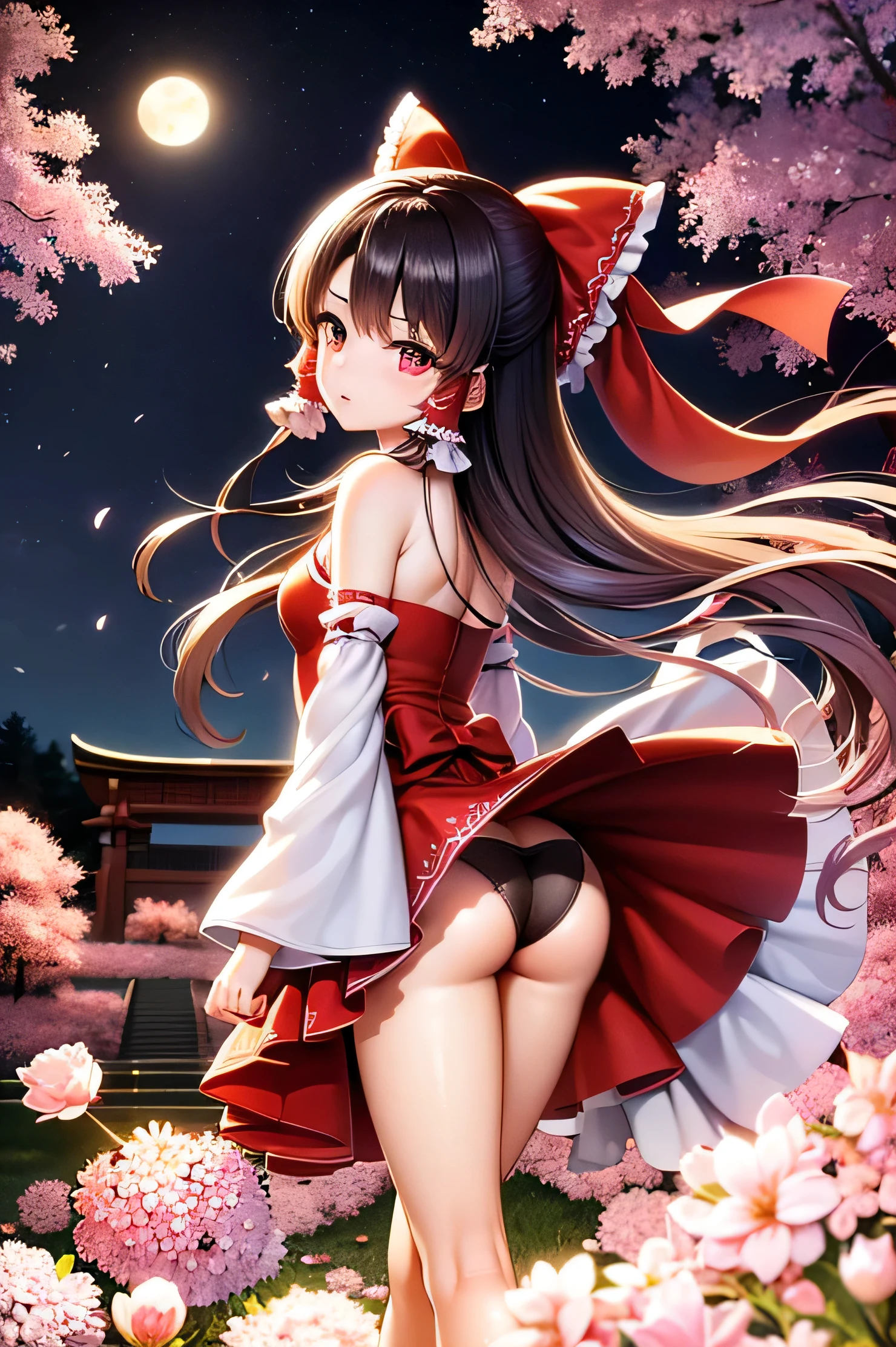 Reimu Hakurei、shrine、最high quality, masterpiece, 1 girl, Beautiful Face, (Photorealistic photography:1.3), 8k UHD, Digital SLR, high quality, High resolution, 4K, 8k, (Genuine: 1.3), Small face,Ass、petal、cherry blossoms、night、moon、Lantern、
