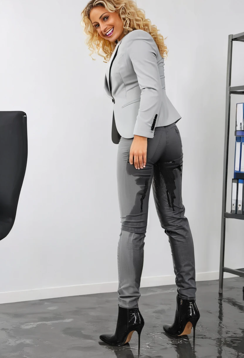 (((side view:1.4))), attractive blonde woman wearing dark gray business suit jacket with pants, high heel boots, white blouse, curly hair, standing in an office, wetting, big smile, pee stains are gleaming wet, pants really soaked with pee, (((side view)))
