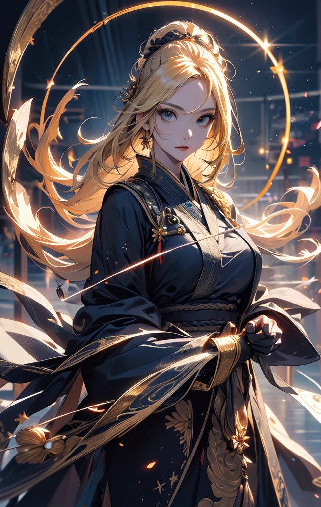 masterpiece, high quality, 4K, Beautiful design, silhouette，blonde， 非常に詳細な夜のStarry Sky,Flower Field， wonderful, Finer details,  Very knowledgeable woman, Highly detailed solo, 1 female,Big boobs and aggressive，Wizard，Night view，Starry Sky，full moon，