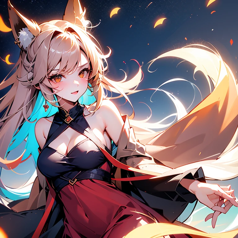 One Girl, Fox Girl, Fox's Tail, Nine-Tailed Fox,Fox Ears, Black colored hair, Fox Makeup,girl、 Kimono with open chest, Body size is 100-70-90!、Nice body, Avatar, face, Open chest, lewd face, Dominant representation, naughty face,Big Breasts,Emphasize cleavage,Show bare skin、Skin is visible、With legs apart、Show off your thighs、With legs apart、A beautifully patterned kimono、I can see her cleavage、Muscular、Uplifting、Abdominal muscles、Exposed skin、Long Hair、Skin Texture、Soft breasts 、outside、Grassy field