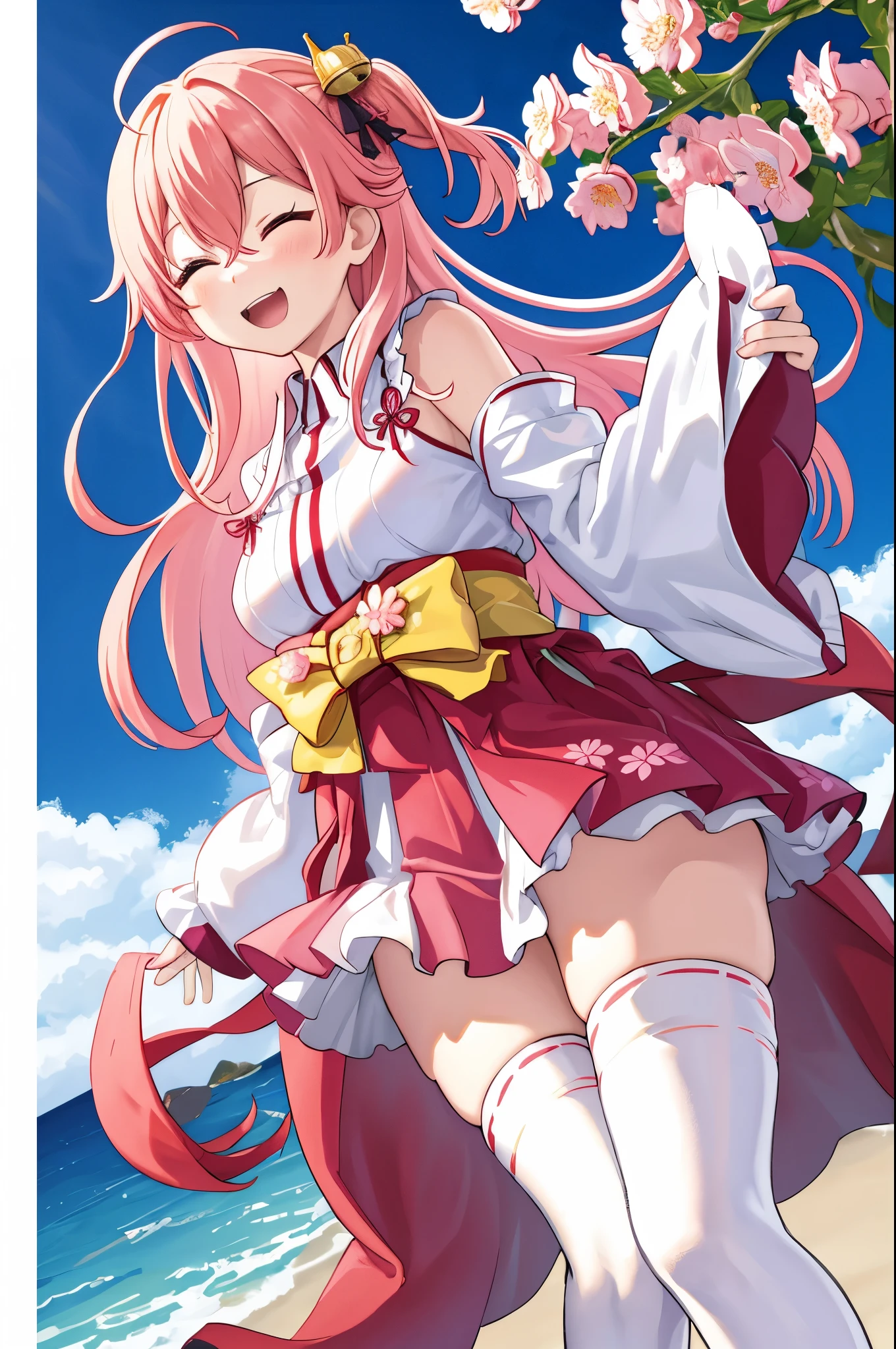 masterpiece, best quality, highres, sakura_miko, 1girl, (loli:1.3),medium_breasts, kimono, solo, ahoge, x_hair_ornament, pink_hair, floral print, hairclip,(side_less_clothes:1.3), (side_breasts:1.3), hair_bell, floral print, long_hair, hair between eyes, one side up, white_thighhighs, wide sleeves, open_mouth,(happy:1.3),green_eyes,smile,apart_legs,(overly_long_sleeves:1.3),),sleeves_past_wrists,hands_hidden_sleeves,sidelock_clothes,solo,hidden_wrists,(XD:1.5),covered_nipples,sunlight,(bare_flank:1.3),boots,open_mouth,kimono,close_eyes,.