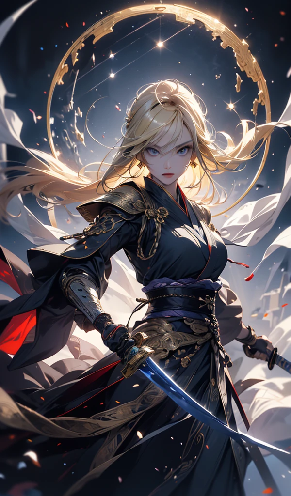 masterpiece, high quality, 4K, Beautiful design, silhouette,blonde, 非常に詳細な夜のStarry Sky,Flower Field, wonderful, Finer details, Very knowledgeable woman, Highly detailed solo, 1 female,Big boobs and aggressive,Wizard,Countless Swords,Night view,Starry Sky,full moon,