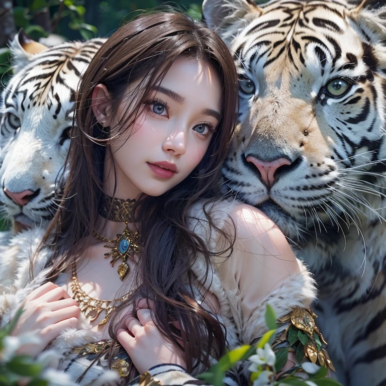 Standing in the forest、Hair flow、 ((highest quality、masterpiece、8k、Best image quality、Ultra-high resolution、Award-winning works)、(Accurate anatomy:1.1)、(Look at me and smile:1.1)、Shining fair skin with Ultra-high resolution、The most detailed face、Ultra-high resolution detailed face、Ultra-high resolutionのblond hair、(Ultra-high resolution eye:1.1)、Beautiful face drawn in every detail、Traditional Russian costume , Chest to chest,  Strange atmosphere, Next to him stands a real white tiger, Dark Light, in the forest , Heavy makeup 