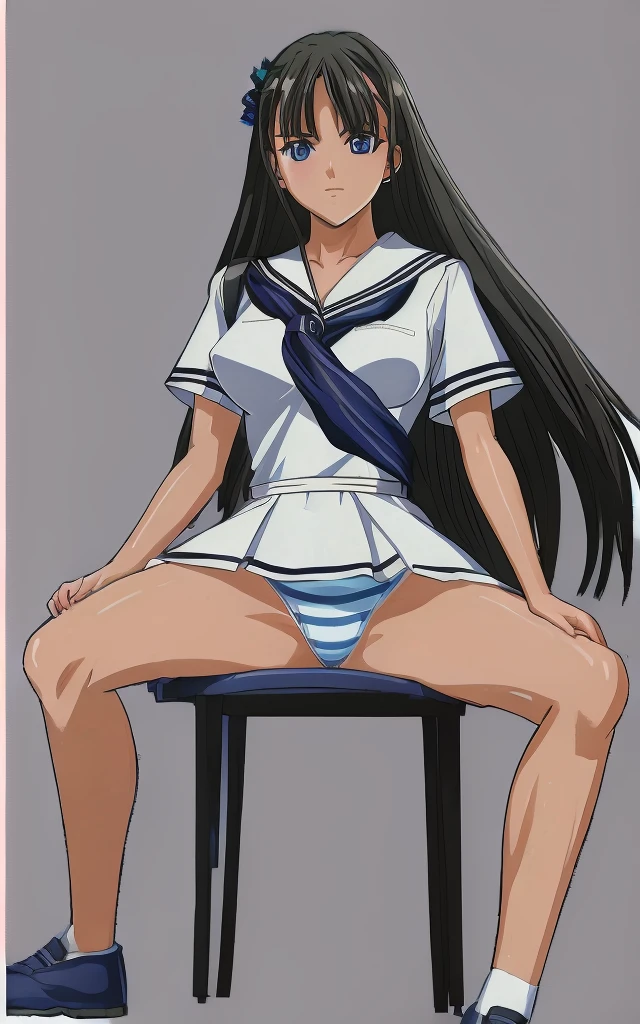 Mizushima Asa, a girl with big breasts and beautiful legs, is wearing a miniskirt uniform, her light blue and blue striped panties are visible, and she is sitting on a chair with her legs spread to the sides.。