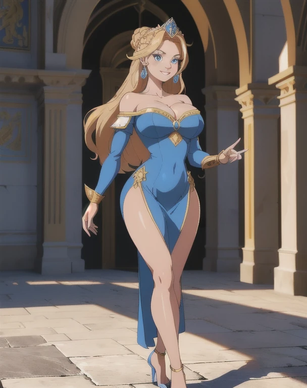 ((Best quality)), ((Masterpiece)), (detailed), perfect face perfect figure, Middle Ages, palace background, 26 year old, Scandinavian woman, Princess, Golden hair, bun-like hairstyle, bright blue eyes, pale skin, large breasts, buxom chested, tight blue dress, off shoulder, cleavage, diamond tiara, blue heels, smiling, teeth, walking, high resolution, (ultra-detailed), (best illustration), (best shadow), (absurdres), (perfect hands, perfect anatomy), (4k textures), epic artistic, sharp focus, even lighting, insane details, intricate details, hyperdetailed, rich colors,