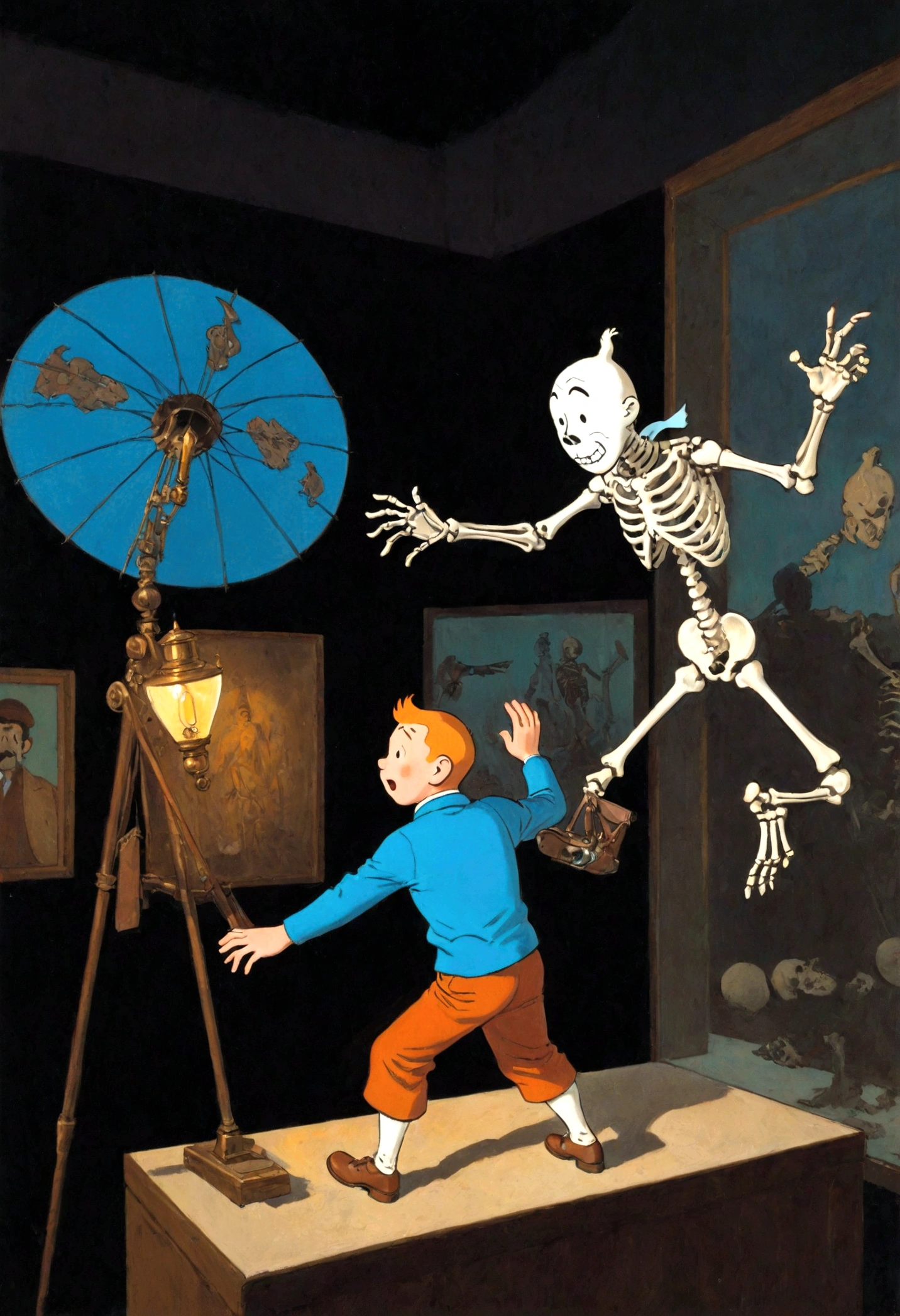 1boy, Tintin, "the adventures of tintin", in the style of herge, Detective Hat, in a museum, night, museum light, Skeleton specimen background, dynamic pose, dramatic composition, cinematic camera angle, european comics, 90s cartoon art style, cinematic dynamic action scene, vibrant colors, cinematic lighting, dramatic lighting, best quality, masterpiece, very aesthetic, perfect composition, intricate details, ultra-detailed