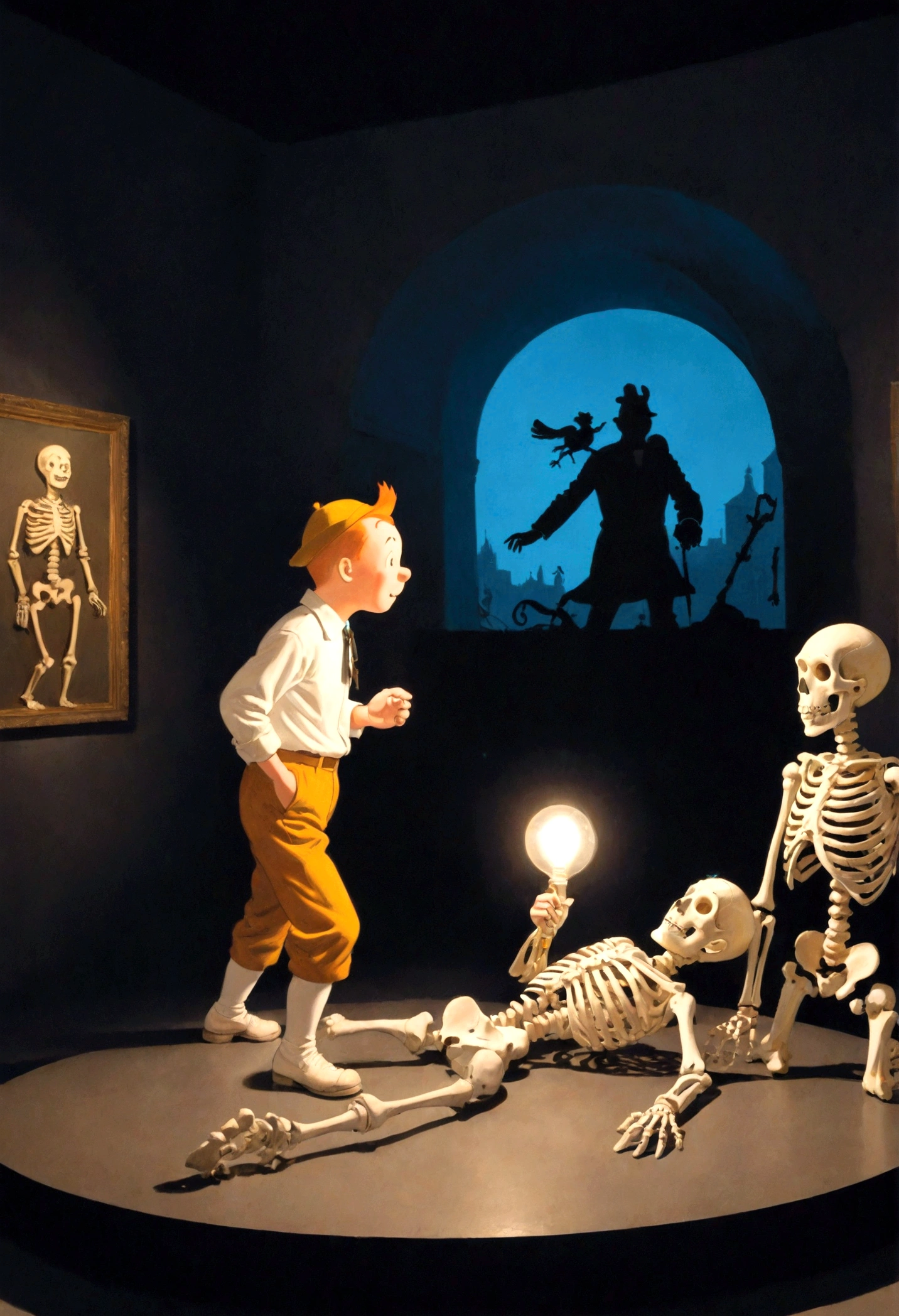 1boy, Tintin, "the adventures of tintin", in the style of herge, Detective Hat, in a museum, night, museum light, Skeleton specimen background, dynamic pose, dramatic composition, cinematic camera angle, european comics, 90s cartoon art style, cinematic dynamic action scene, vibrant colors, cinematic lighting, dramatic lighting, best quality, masterpiece, very aesthetic, perfect composition, intricate details, ultra-detailed