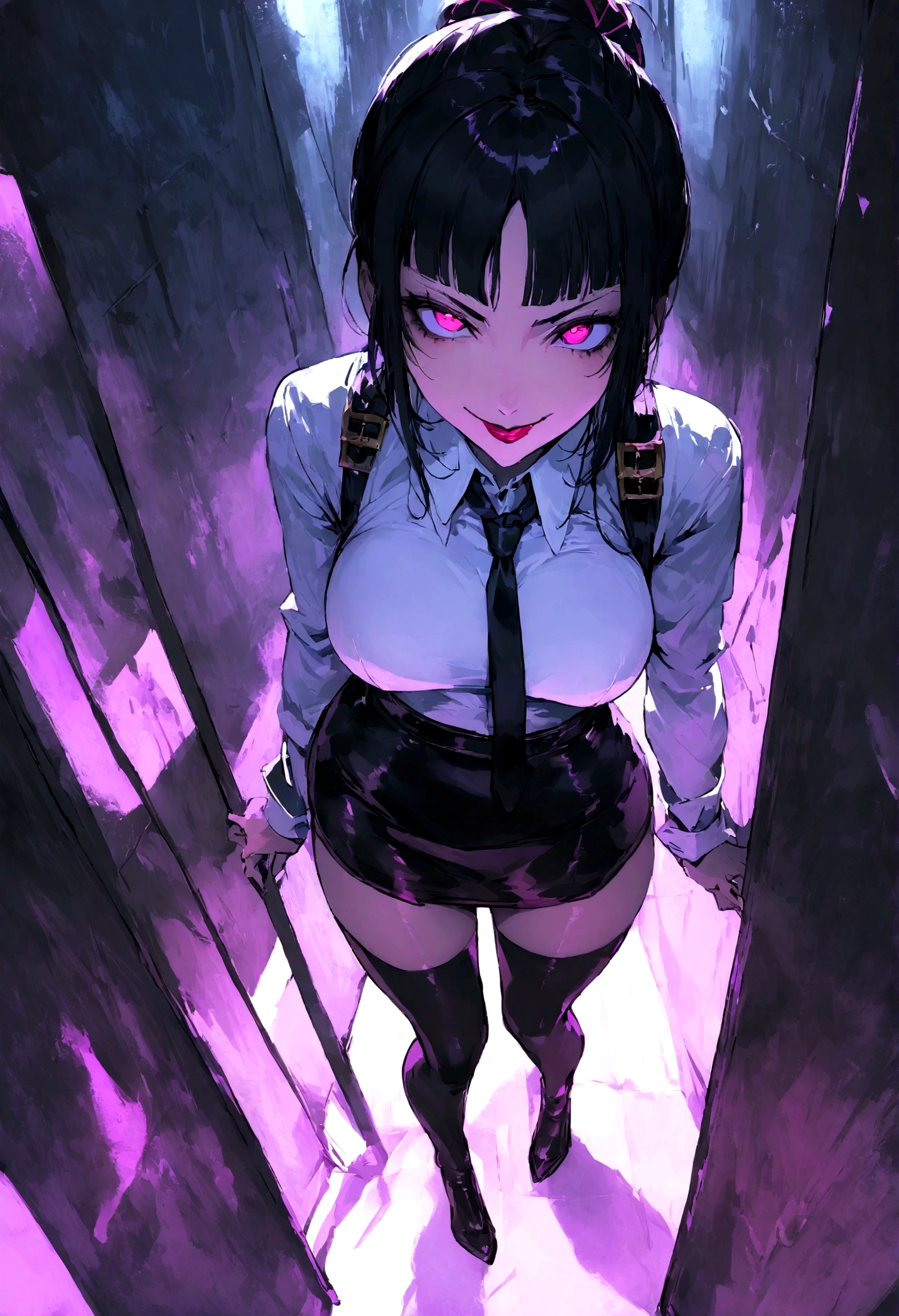 juri han, work of art, tight white secretary shirt with black tie, black high waist skirt, short skirt,stocking, black hair, black tights,evil smile,office,franja nos olhos,lighting,chifre de cabelos,view from above,olhando para cima