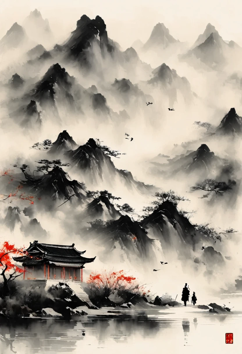 大量留white,white, white色背景, simple, Minimalism, abstract,Freehand,Aesthetic,黑与white,Ink Painting,antiquity,Mountain,People in the distance