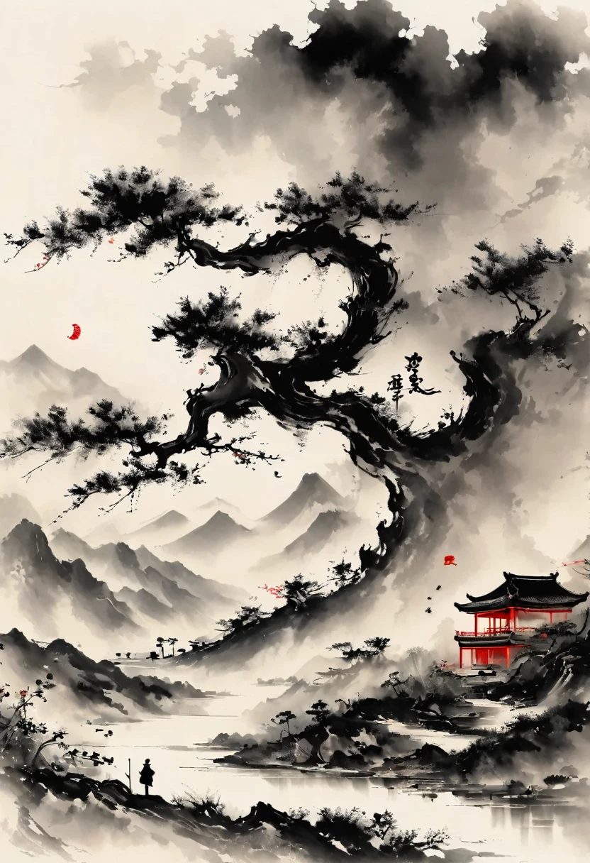 大量留white,white, white色背景, simple, Minimalism, abstract,Freehand,Aesthetic,黑与white,Ink Painting,antiquity,Mountain,People in the distance