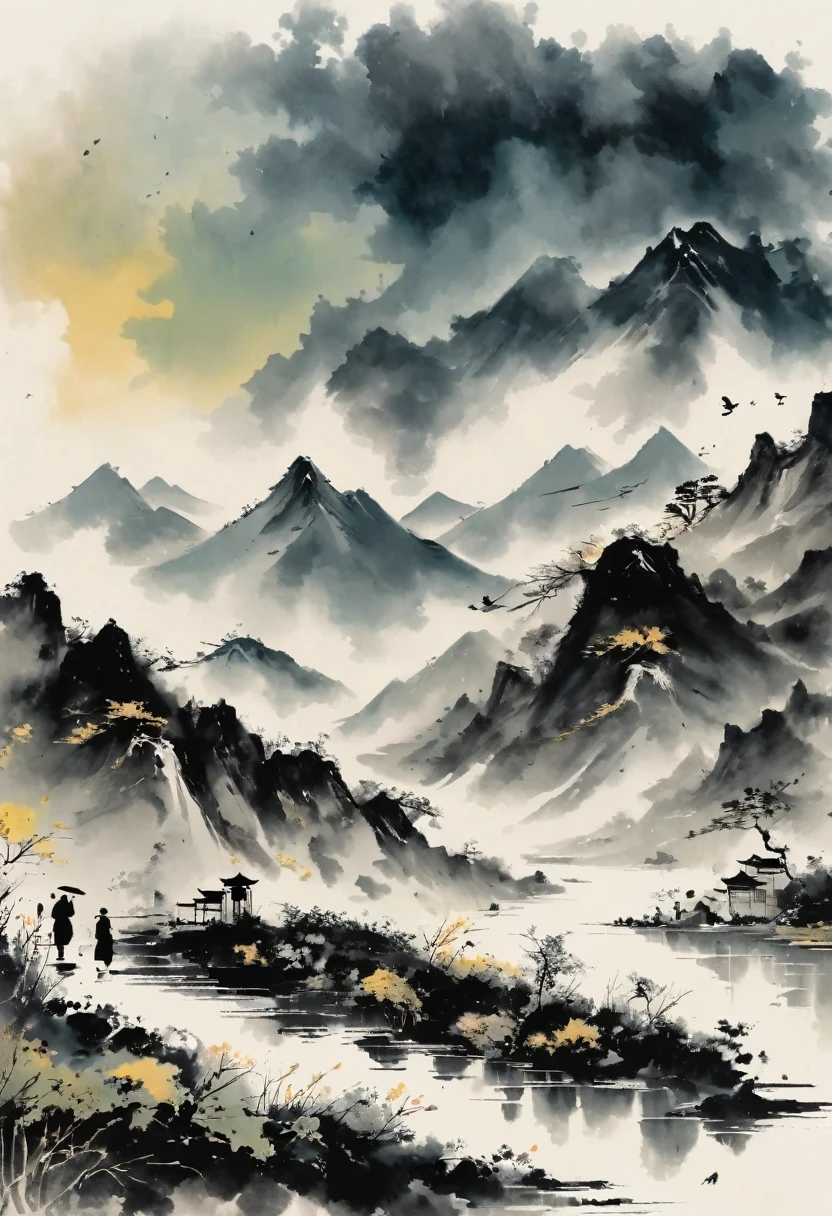 大量留white,white, white色背景, simple, Minimalism, abstract,Freehand,Aesthetic,黑与white,Ink Painting,antiquity,Mountain,People in the distance